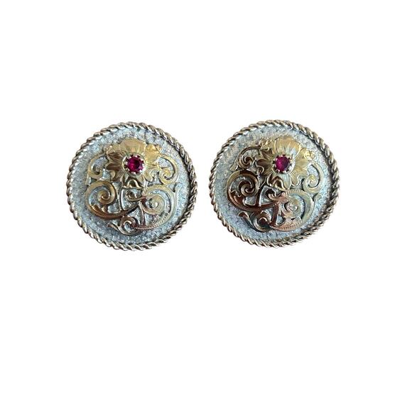 Vintage Montana Silversmiths Floral Round Concho Earrings Red Rhinestone Western - Picture 4 of 8
